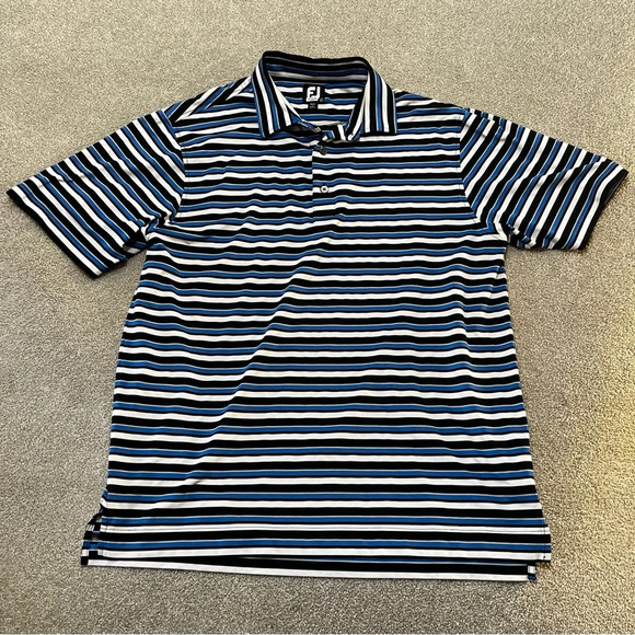 FootJoy FJ Athletic Fit Golf Polo Shirt Blue Black and White Stripes Size L - Picture 1 of 6